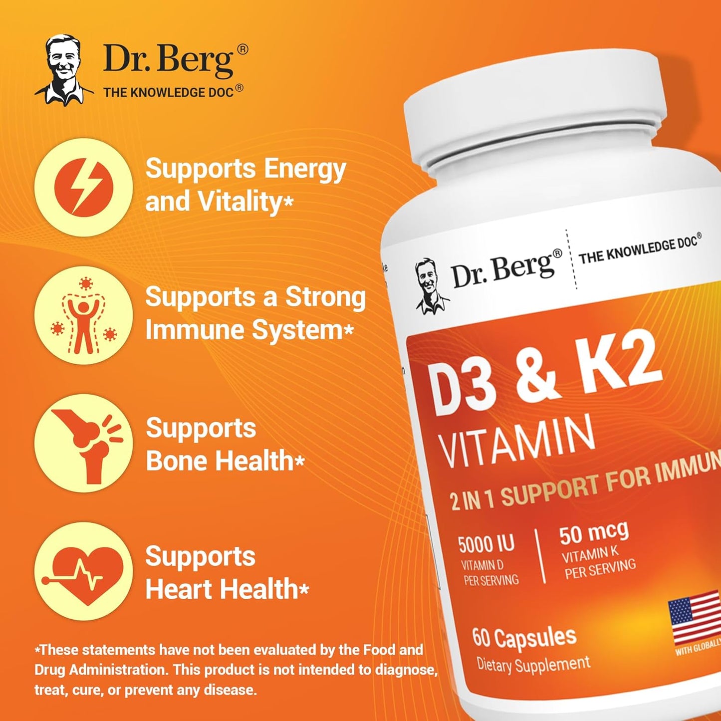 Dr. Berg's Vitamin D3 K2 w/MCT Oil - Includes 5,000 IU of Vitamin D3, 50 mcg MK7 Vitamin K2, Purified Bile Salts, Zinc & Magnesium for Ultimate Absorption - K2 D3 Vitamin Supplement - 60 Capsules