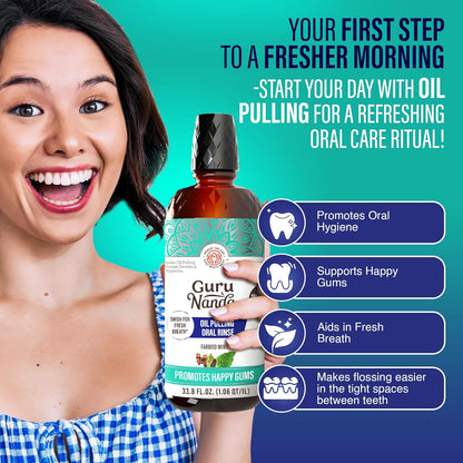 GuruNanda CocoMint Oil Pulling Mouthwash for Complete Oral Hygiene, 7 Essential Oils & Vitamins for Happy Teeth & Gums & Fresh Breath, Alcohol-Free, 16 oz