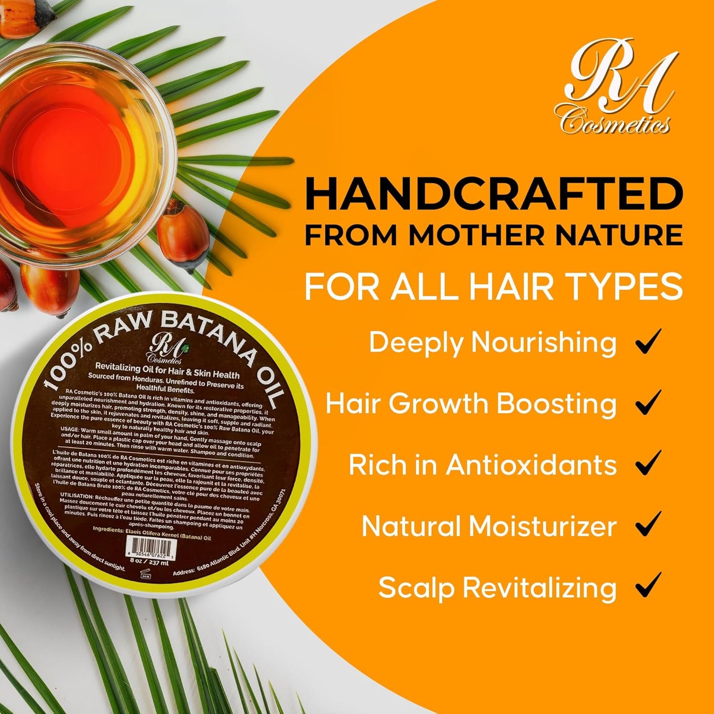 RA COSMETICS 100% Natural Unrefined Batana Hair Oil for Growth, Repair & Strength | 8 oz Nourishing Moisturizer for Damaged Hair from Honduras