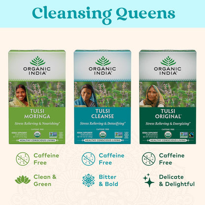 ORGANIC INDIA Tulsi Moringa Tea Bags - Holy Basil, Lemongrass, Moringa Leaves, Stress Relieving & Nourishing, Immune Support Tea, Vegan, Certified Organic, Caffeine-Free - 18 Infusion Bags, 6 Pack
