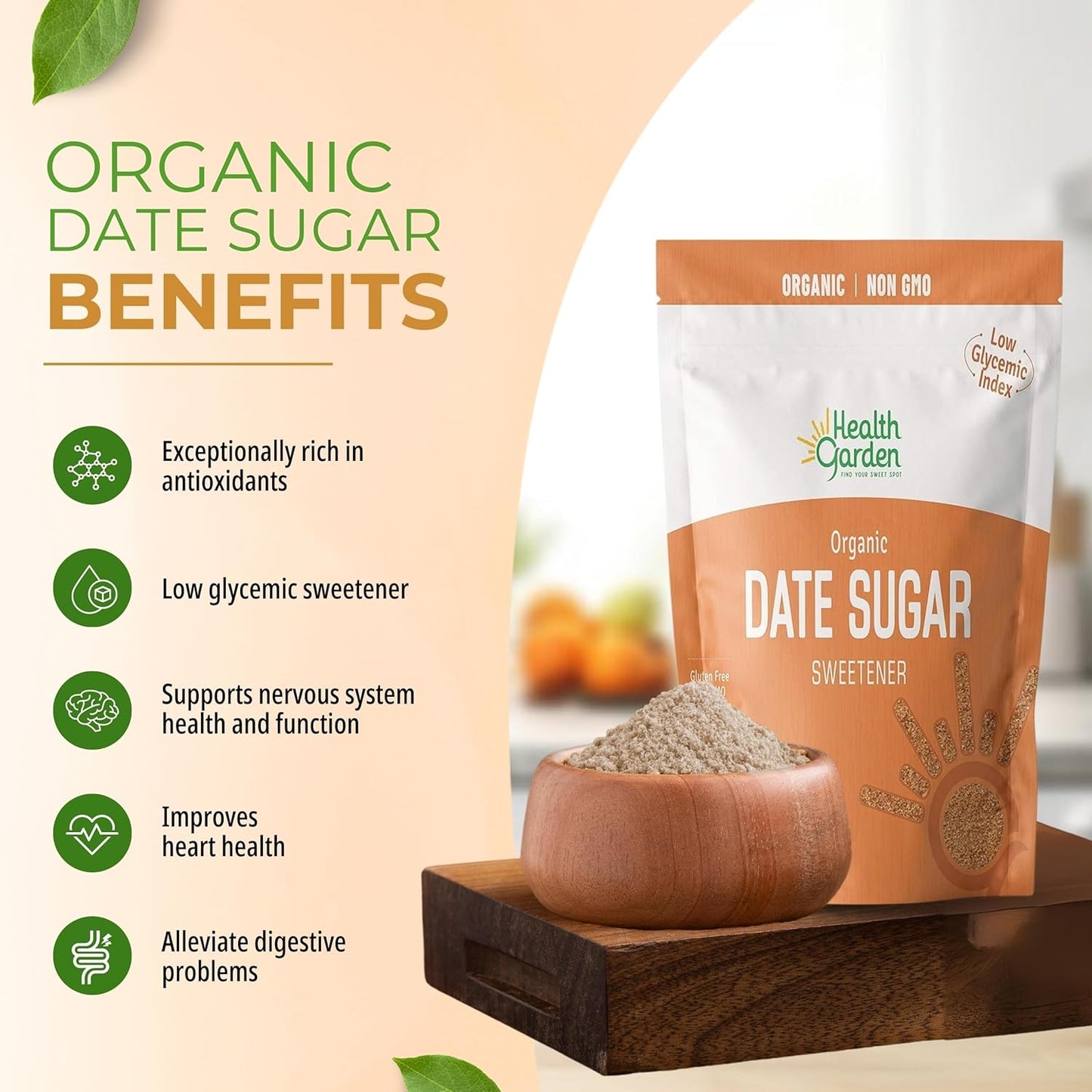 Health Garden Date Sugar (16 OZ), Organic Date Sugar Sweetener, All-Natural Dried Ground Dates, Rich in Vitamins and Minerals, No Gluten, Non-GMO, Low Glycemic Sugar Substitute (1 LB pack of 1)