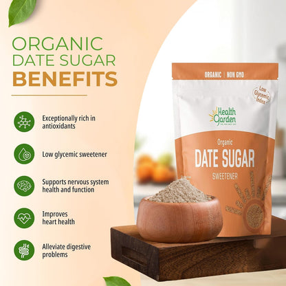 Health Garden Date Sugar (16 OZ), Organic Date Sugar Sweetener, All-Natural Dried Ground Dates, Rich in Vitamins and Minerals, No Gluten, Non-GMO, Low Glycemic Sugar Substitute (1 LB pack of 1)