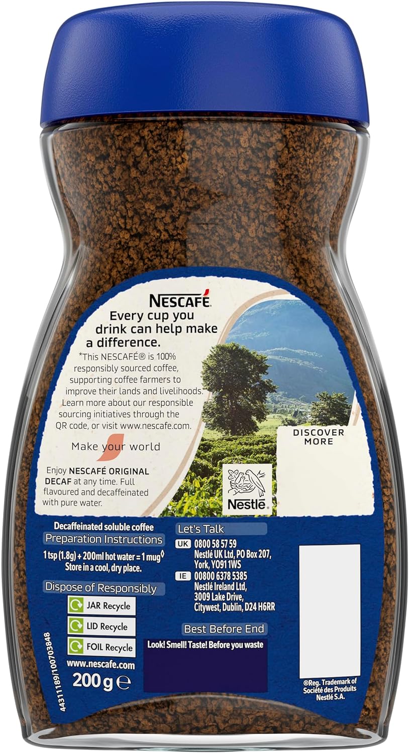 Nescafe Original Decaf Instant Coffee 200g, Rich Aroma, Full & Bold Flavour