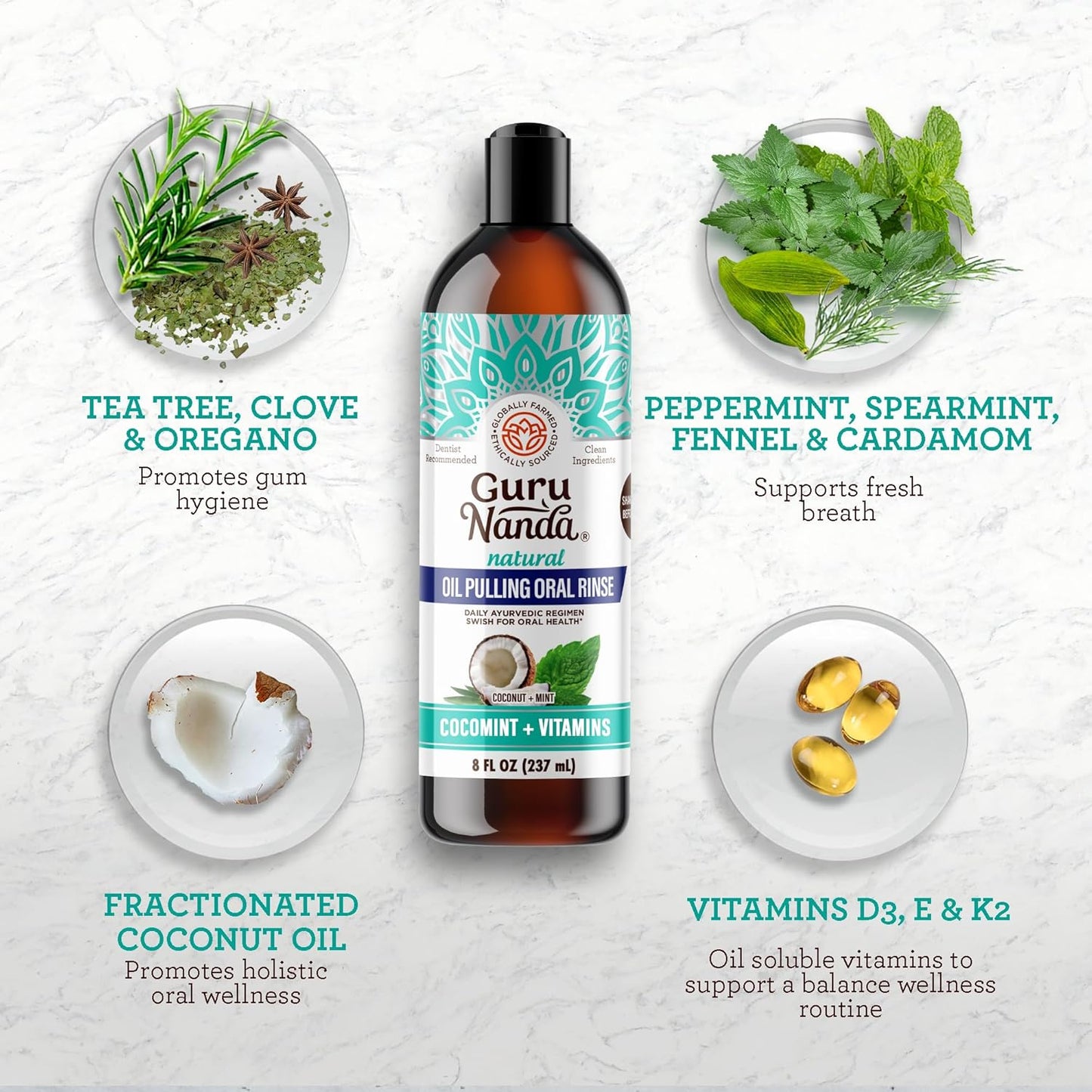 GuruNanda CocoMint Oil Pulling Mouthwash for Complete Oral Hygiene, 7 Essential Oils & Vitamins for Happy Teeth & Gums & Fresh Breath, Alcohol-Free, 16 oz