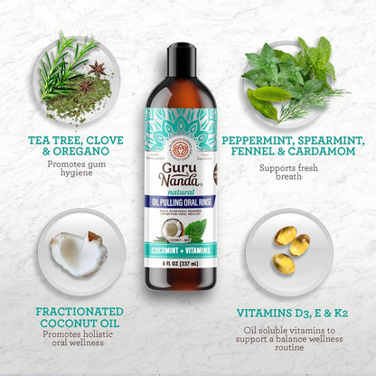 GuruNanda CocoMint Oil Pulling Mouthwash for Complete Oral Hygiene, 7 Essential Oils & Vitamins for Happy Teeth & Gums & Fresh Breath, Alcohol-Free, 16 oz