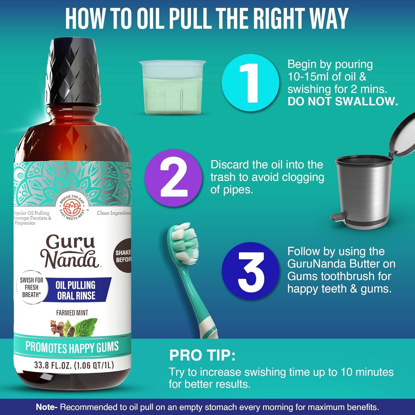 GuruNanda CocoMint Oil Pulling Mouthwash for Complete Oral Hygiene, 7 Essential Oils & Vitamins for Happy Teeth & Gums & Fresh Breath, Alcohol-Free, 16 oz