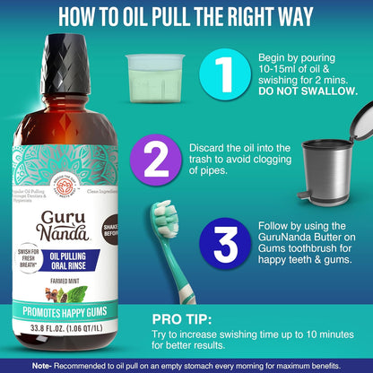 GuruNanda CocoMint Oil Pulling Mouthwash for Complete Oral Hygiene, 7 Essential Oils & Vitamins for Happy Teeth & Gums & Fresh Breath, Alcohol-Free, 16 oz