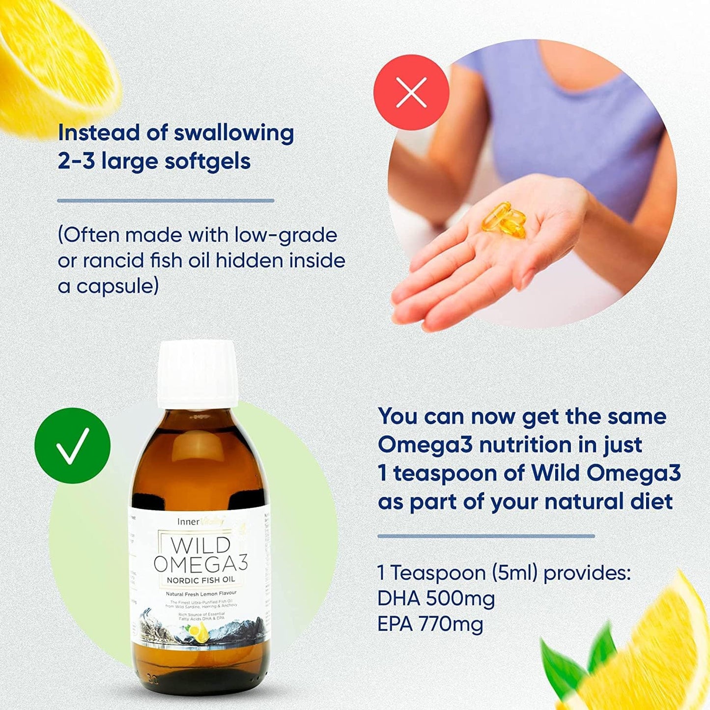 Inner Vitality Omega 3 Fish Oil Liquid - Natural Fresh Lemon Flavour with NO Fishy Taste, High Strength DHA/EPA - 400ml Made from Wild Caught Nordic Fish Oil | 3rd Party Tested for Purity - pack of 1