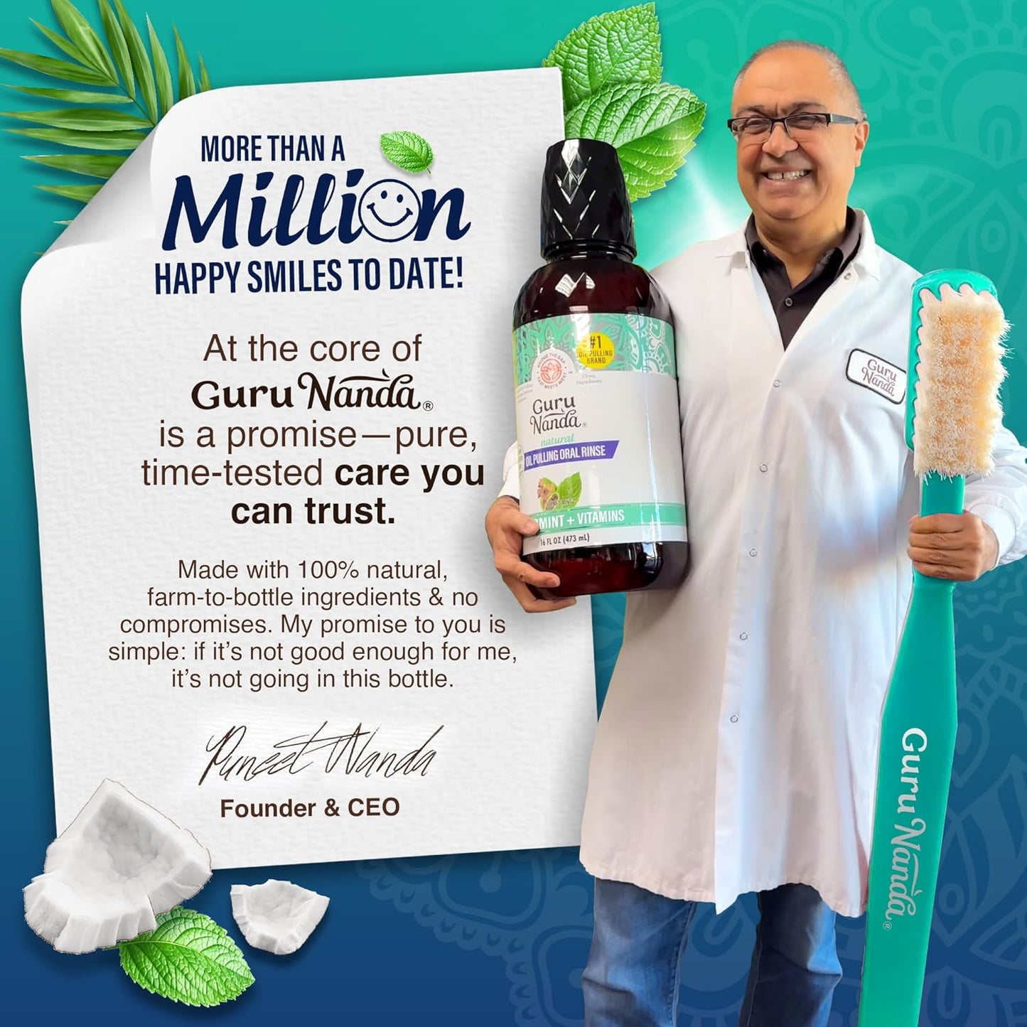 GuruNanda CocoMint Oil Pulling Mouthwash for Complete Oral Hygiene, 7 Essential Oils & Vitamins for Happy Teeth & Gums & Fresh Breath, Alcohol-Free, 16 oz