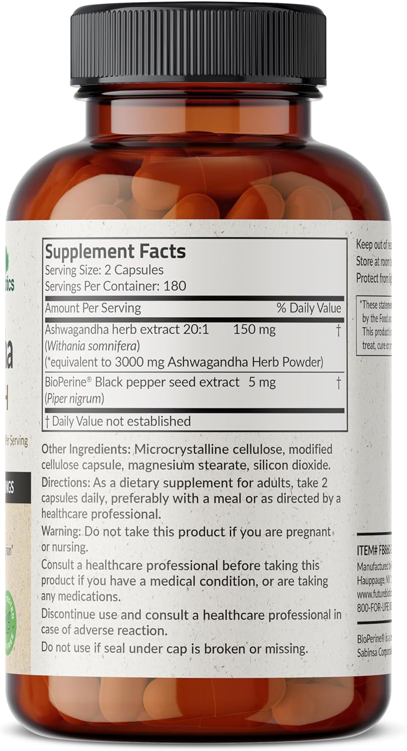 Futurebiotics Ashwagandha Extra Strength Stress & Mood Support with BioPerine - Non GMO Formula, 100 Vegetarian Capsules