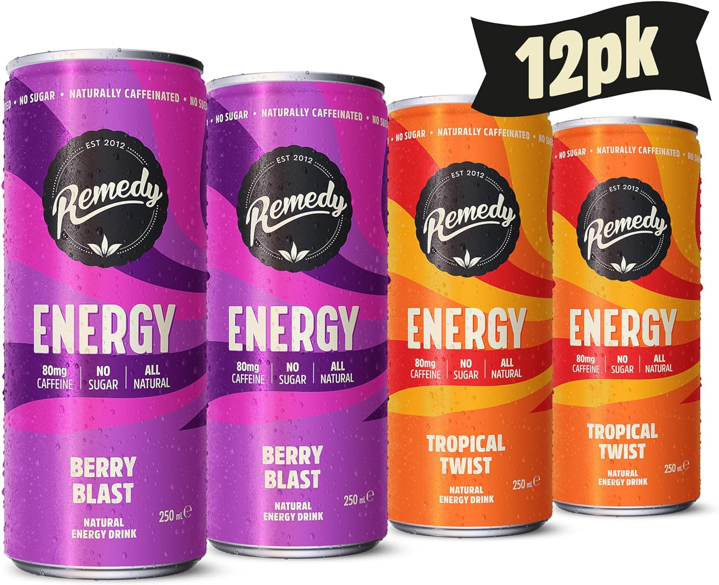 Remedy Natural Energy Drink - Tropical Twist - Natural Caffeine - Sugar Free & Low Calorie - Kombucha Energy Drink with Probiotics for Gut Health - 250ml