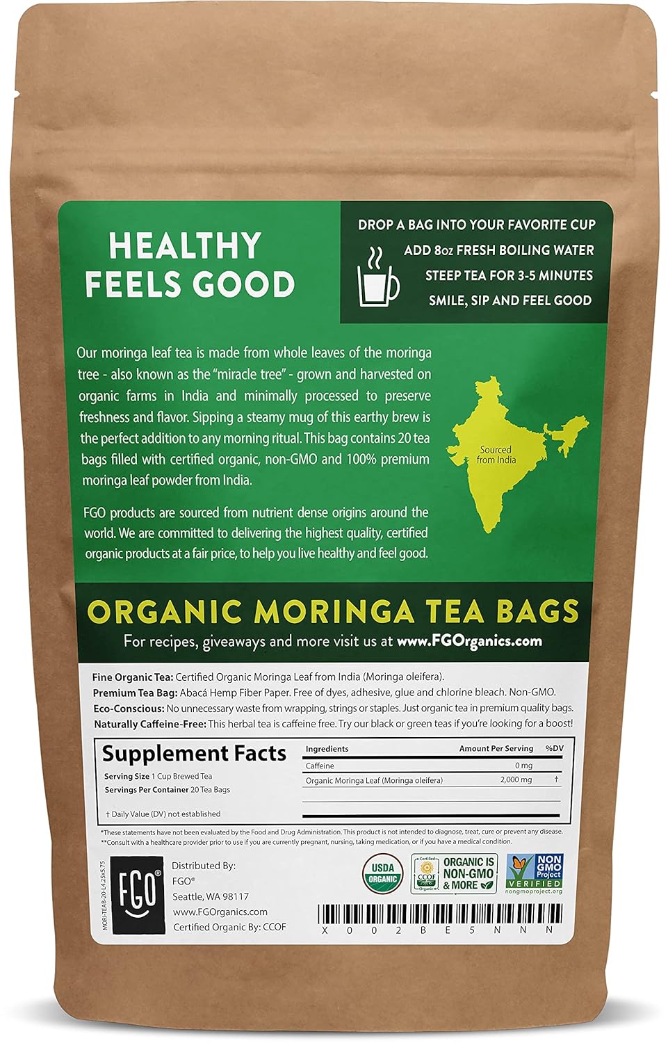 FGO Organic Nettle Leaf Tea, 100 Count, Eco-Conscious Tea Bags, Caffeine Free, Resealable Bag, Packaging May Vary (Pack of 1)