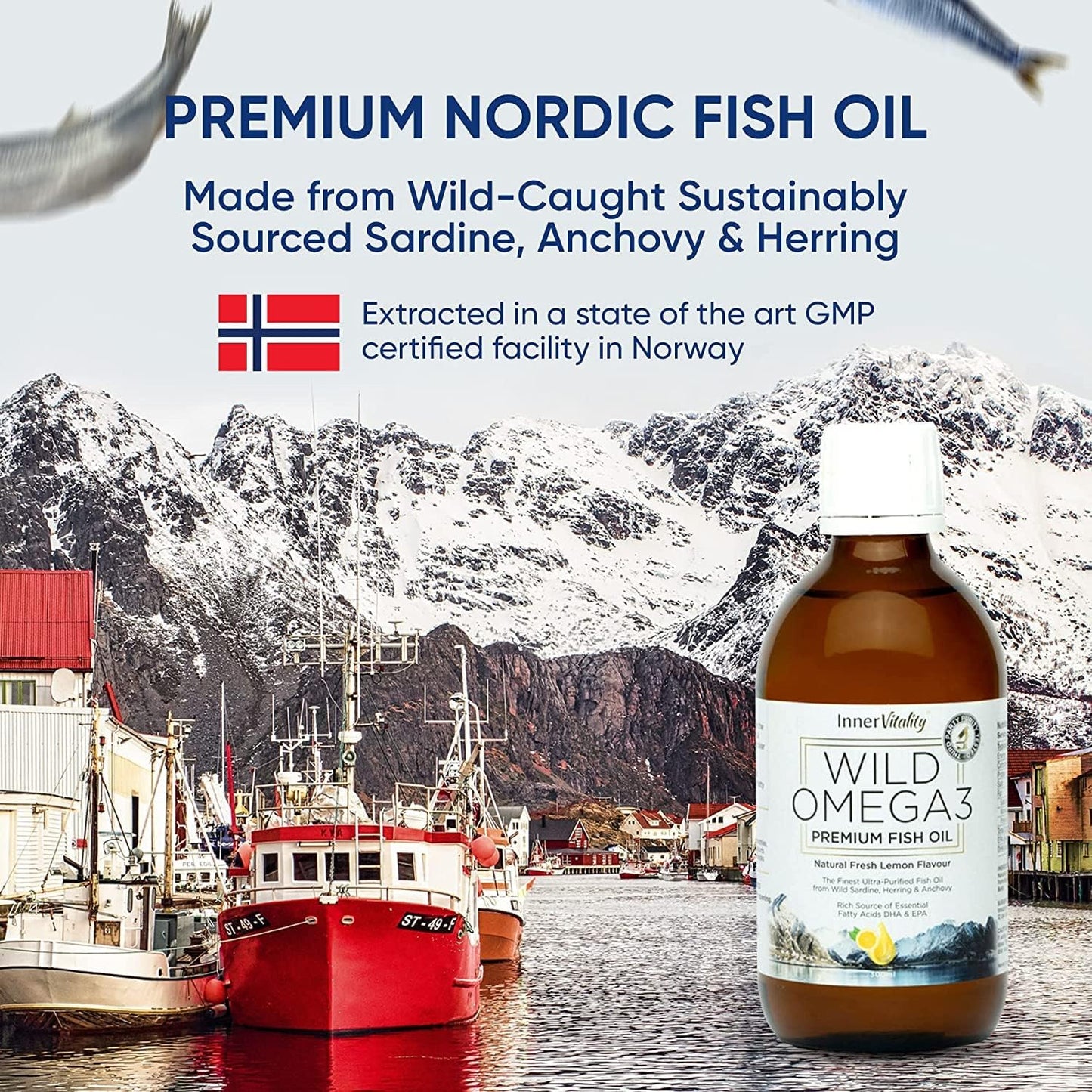 Inner Vitality Omega 3 Fish Oil Liquid - Natural Fresh Lemon Flavour with NO Fishy Taste, High Strength DHA/EPA - 400ml Made from Wild Caught Nordic Fish Oil | 3rd Party Tested for Purity - pack of 1