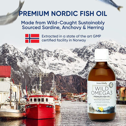 Inner Vitality Omega 3 Fish Oil Liquid - Natural Fresh Lemon Flavour with NO Fishy Taste, High Strength DHA/EPA - 400ml Made from Wild Caught Nordic Fish Oil | 3rd Party Tested for Purity - pack of 1