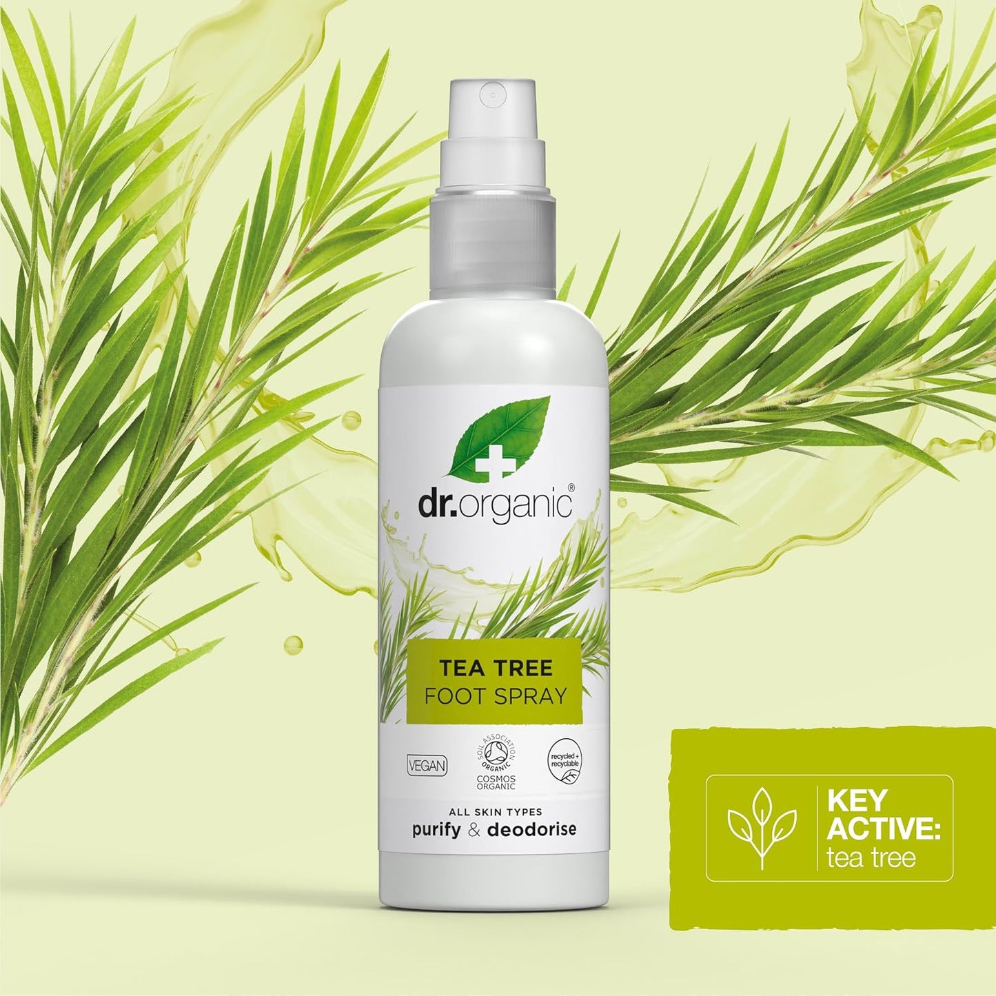 Dr Organic Tea Tree Foot Spray, Deodorising, Cleansing, Quick-Drying, Aluminium Free, with Natural Peppermint Oil, Vegan, Cruelty Free, Paraben & SLS Free, Certified Organic, 100 ml