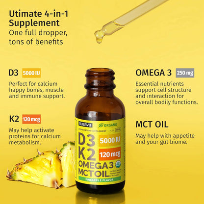 (1 Pack) Organic Vitamin D3 K2 Drops w MCT Oil Omega 3, 5000 IU, Vitamin D Liquid 5000 IU, No Fillers, Non-GMO Liquid D3 for Body’s Defenses & Faster Absorption, Unflavored, 2 Fl Oz Liquid Vitamin D3