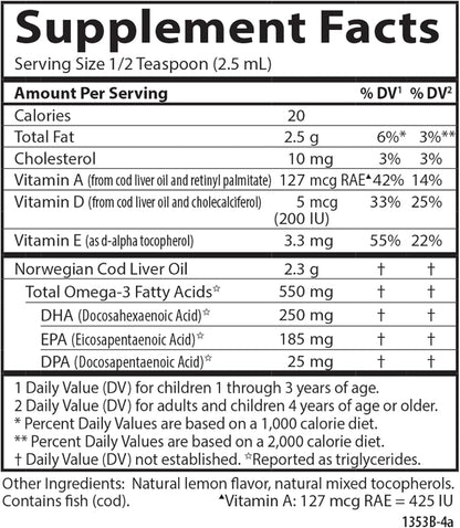 Carlson - Kid's Cod Liver Oil, 550 mg Omega-3s, Vitamins A & D3, Wild Norwegian, Lemon, 250 mL