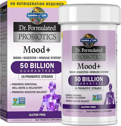 Garden of Life Probiotics Mood+ Dr Formulated Acidophilus Probiotic Supplement - Promotes Emotional Well-Being, Relaxation and Digestive Balance - Ashwagandha for Stress Management, 60 Veggie Caps