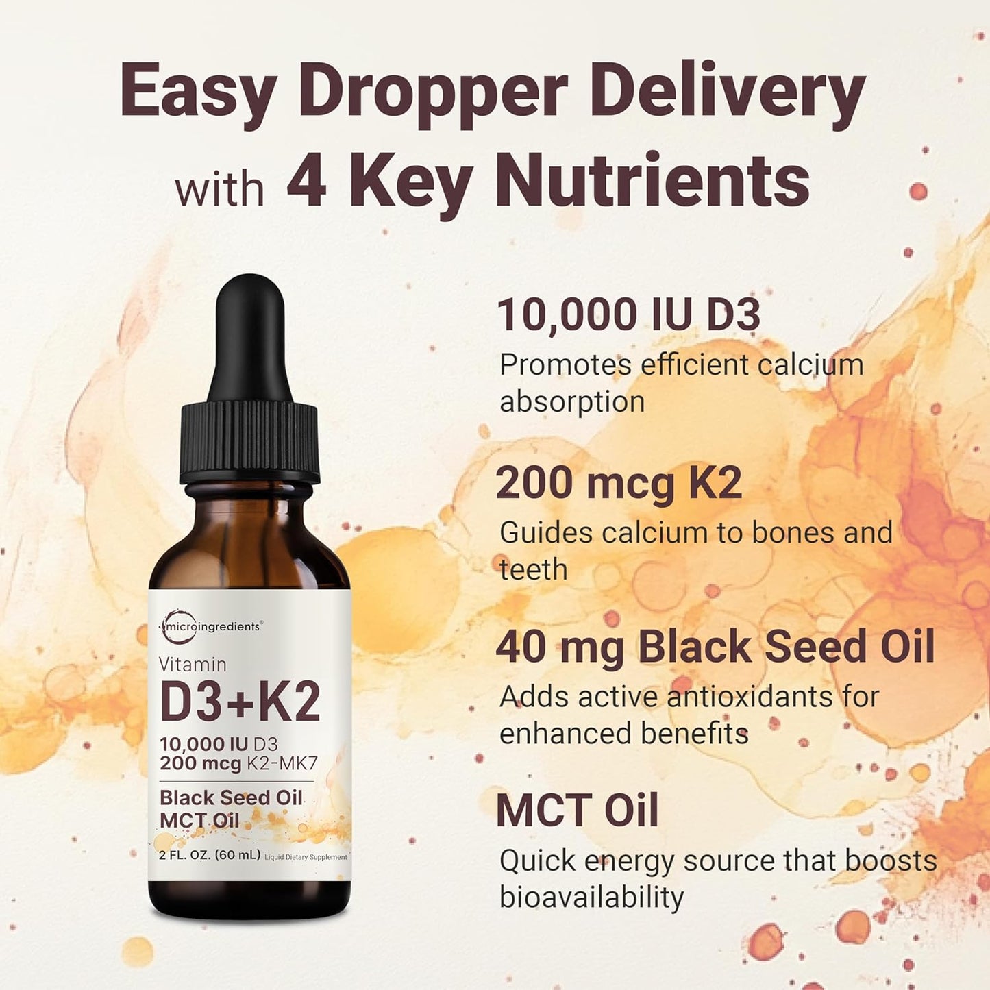 Micro Ingredients 2 Pack Vitamin D3 10000 iu + K2 (MK-7) 200 mcg Drops, 4 fl oz | Plus Black Seed & MCT Oil | 4-in-1 Bone, Immune, & Heart Health Support | Easy Absorption