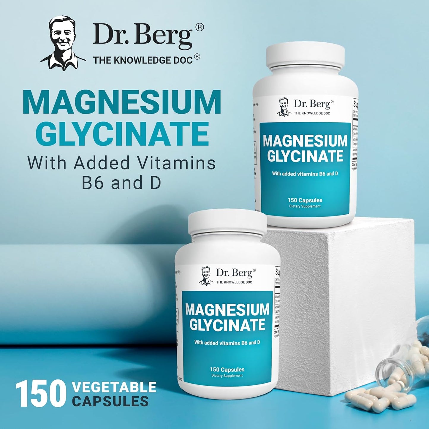 Dr. Berg Magnesium Glycinate 400 mg – Chelated Magnesium Supplement with Vitamin D and B6 for Stress Support, Relaxation, and Good Sleep – 150 Vegetable Capsules High Absorption for Overall Wellness