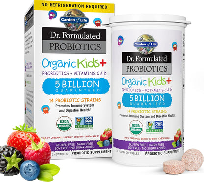 Garden of Life Primal Defense Probiotic 15 Billion CFU 13 Strains 90 Capsules + Dr Formulated Organic Kids Probiotic Berry Cherry 30 Chewables