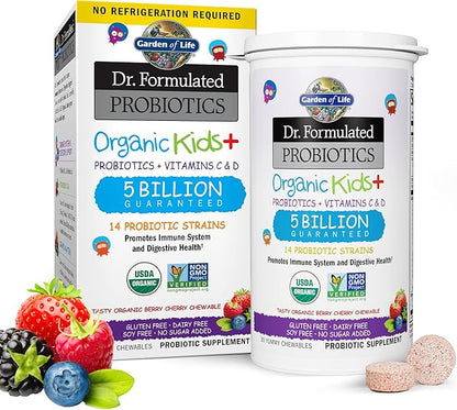 Garden of Life Primal Defense Probiotic 15 Billion CFU 13 Strains 90 Capsules + Dr Formulated Organic Kids Probiotic Berry Cherry 30 Chewables