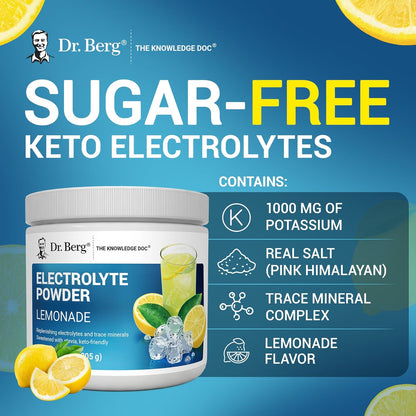 Dr. Berg Zero Sugar Hydration Keto Electrolyte Powder - Enhanced w/ 1000 mg of Potassium & Real Pink Himalayan Salt (NOT Table Salt) - Lemonade Flavor Hydration Drink Mix Supplement - 100 Servings