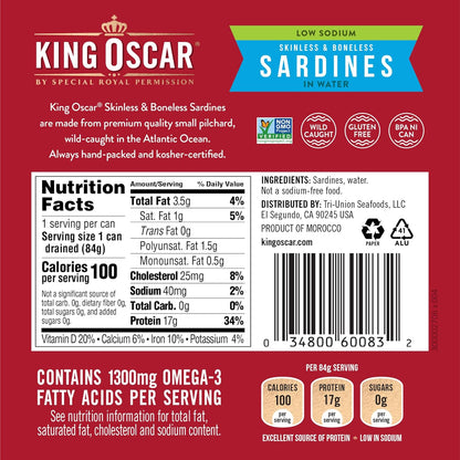 King Oscar Sardines in Water, 4.23 Ounce Cans (Pack of 1( Packaging May Vary), Skinless & Boneless, Wild Caught Canned Sardines, Low Sodium