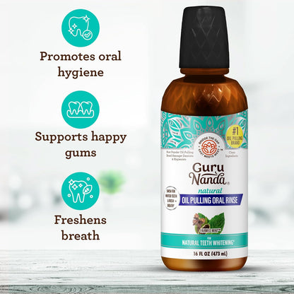 GuruNanda CocoMint Oil Pulling Mouthwash for Complete Oral Hygiene, 7 Essential Oils & Vitamins for Happy Teeth & Gums & Fresh Breath, Alcohol-Free, 16 oz