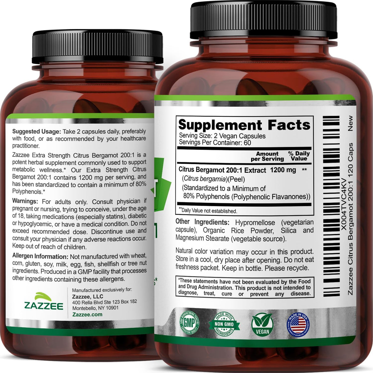 Zazzee Extra Strength Citrus Bergamot 200:1 Extract 1200 mg, 120 Capsules
