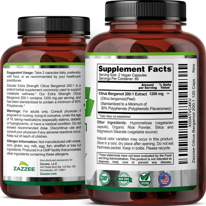 Zazzee Extra Strength Citrus Bergamot 200:1 Extract 1200 mg, 120 Capsules