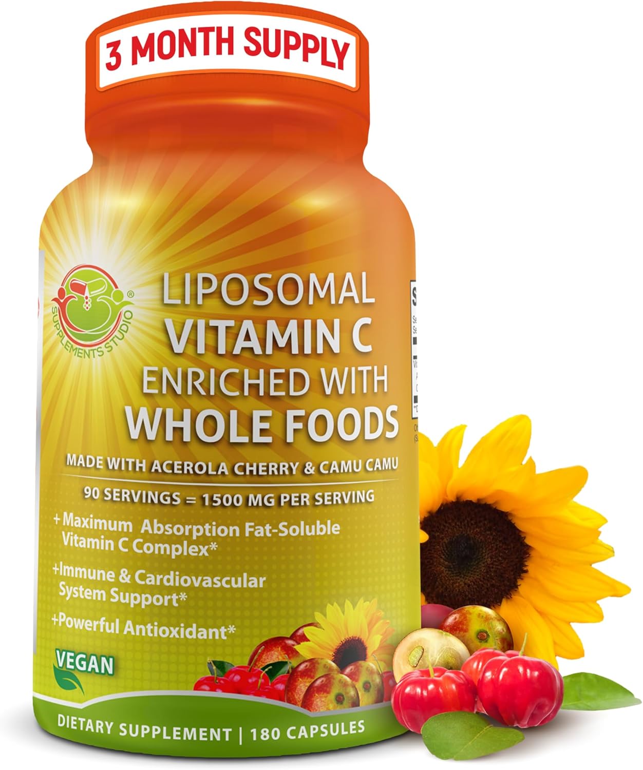 Whole Food Vitamin C Complex - 1450mg Organic Berries - 675 mg Vitamin C per Serving, High-Potency Antioxidant & Immune Support with Acerola, Amla and Natural Bioflavonoids - Vegan, Non-GMO, 120 Count