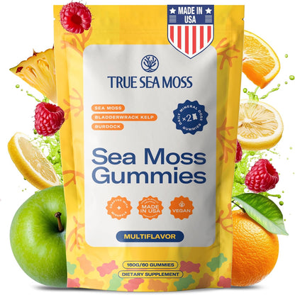 TrueSeaMoss Sea Moss Gummies with Bladderwrack & Burdock Root – Vegan Formula for Adults & Kids – Fruity Flavor – 60 Gummies (Pouch May Vary)