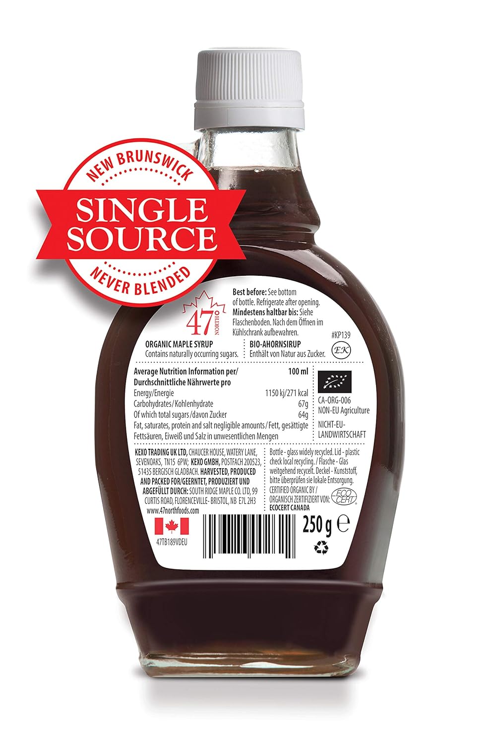 47° North Canadian Organic Maple Syrup Very Dark, 250g, Single Source, Grade A, Gluten Free, Vegan, Organic Maple Syrup, Strong Flavour for Pancakes & More