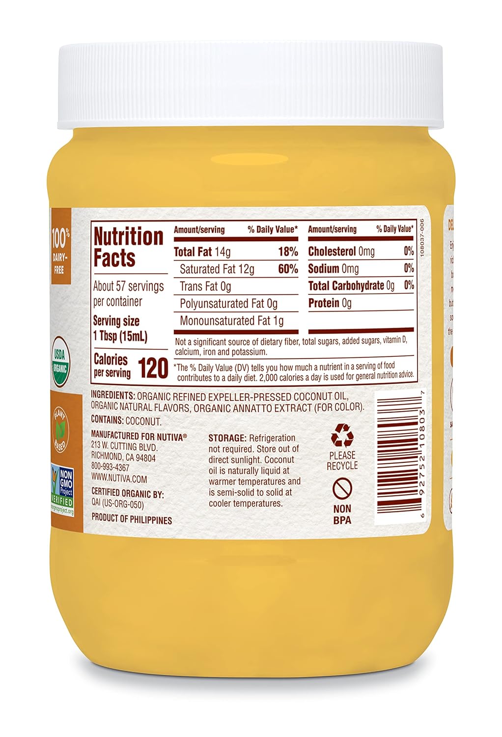 Nutiva Organic Coconut Oil with Non-Dairy Butter Flavor, USDA Organic, Non-GMO, Whole 30 Approved, Vegan & Gluten-Free, Plant-Based Replacement for Butter