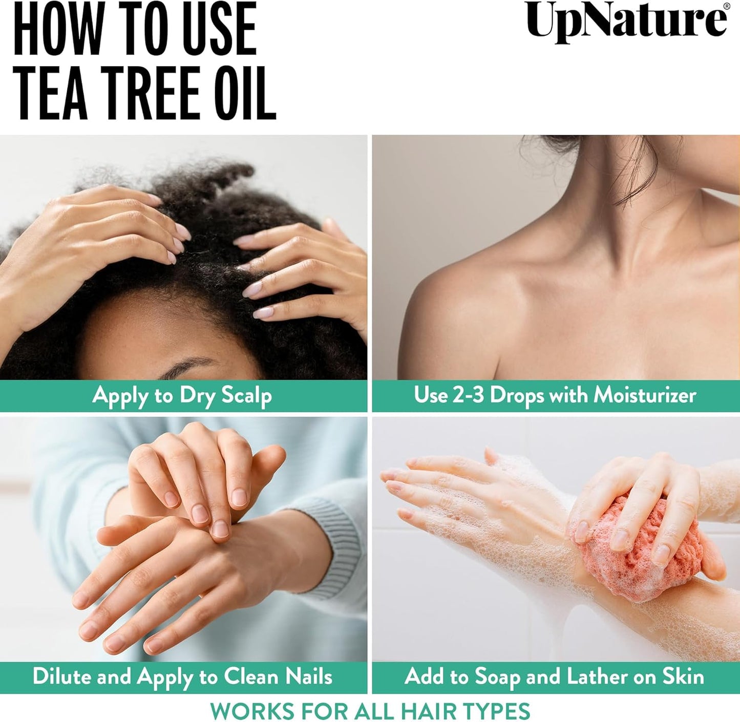 UpNature Organic Tea Tree Oil - 100% Pure Tea Tree Essential Oils for Skin Hair Toenail Body and Scalp, 2oz