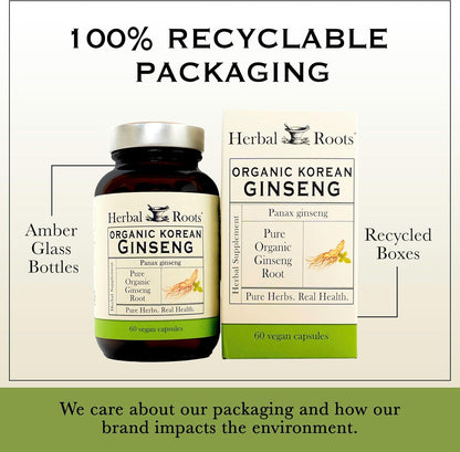 Herbal Roots Panax Ginseng - Organic Korean Ginseng Root Powder - 1000mg - High Ginsenosides for Energy, Focus & Performance - 60 Vegan Capsules Made in The USA