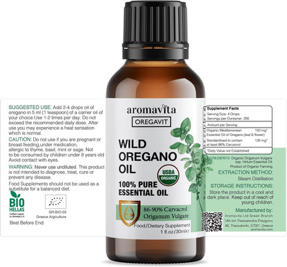 Wild Oregano Oil Organic - 100% Pure Undiluted Organic Wild Oregano Oil with 86-90% Carvacrol, Immune Support - Plant-Based, Herbal Supplement - Vegan, Non GMO, Gluten Free, 1fl.oz/30ml