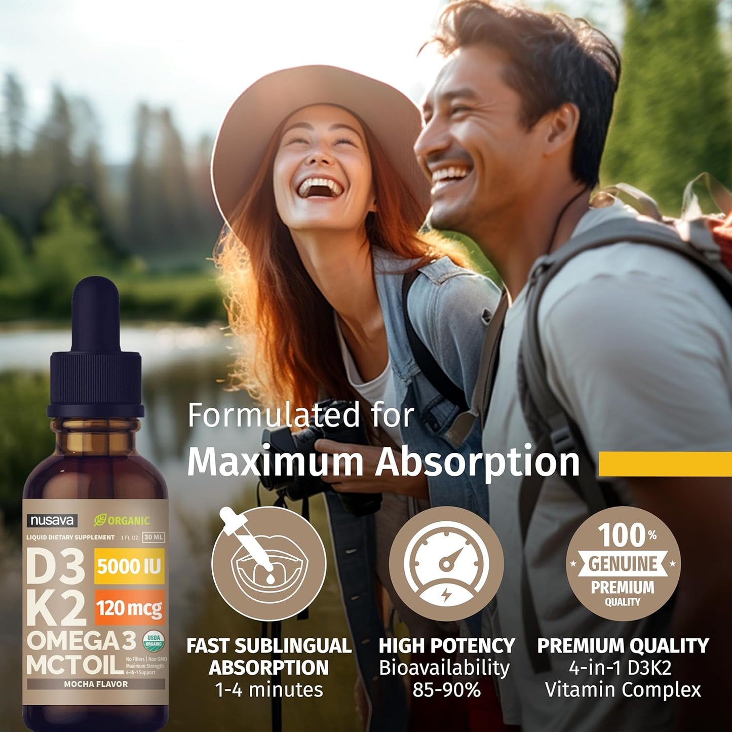 (1 Pack) Organic Vitamin D3 K2 Drops w MCT Oil Omega 3, 5000 IU, Vitamin D Liquid 5000 IU, No Fillers, Non-GMO Liquid D3 for Body’s Defenses & Faster Absorption, Unflavored, 2 Fl Oz Liquid Vitamin D3