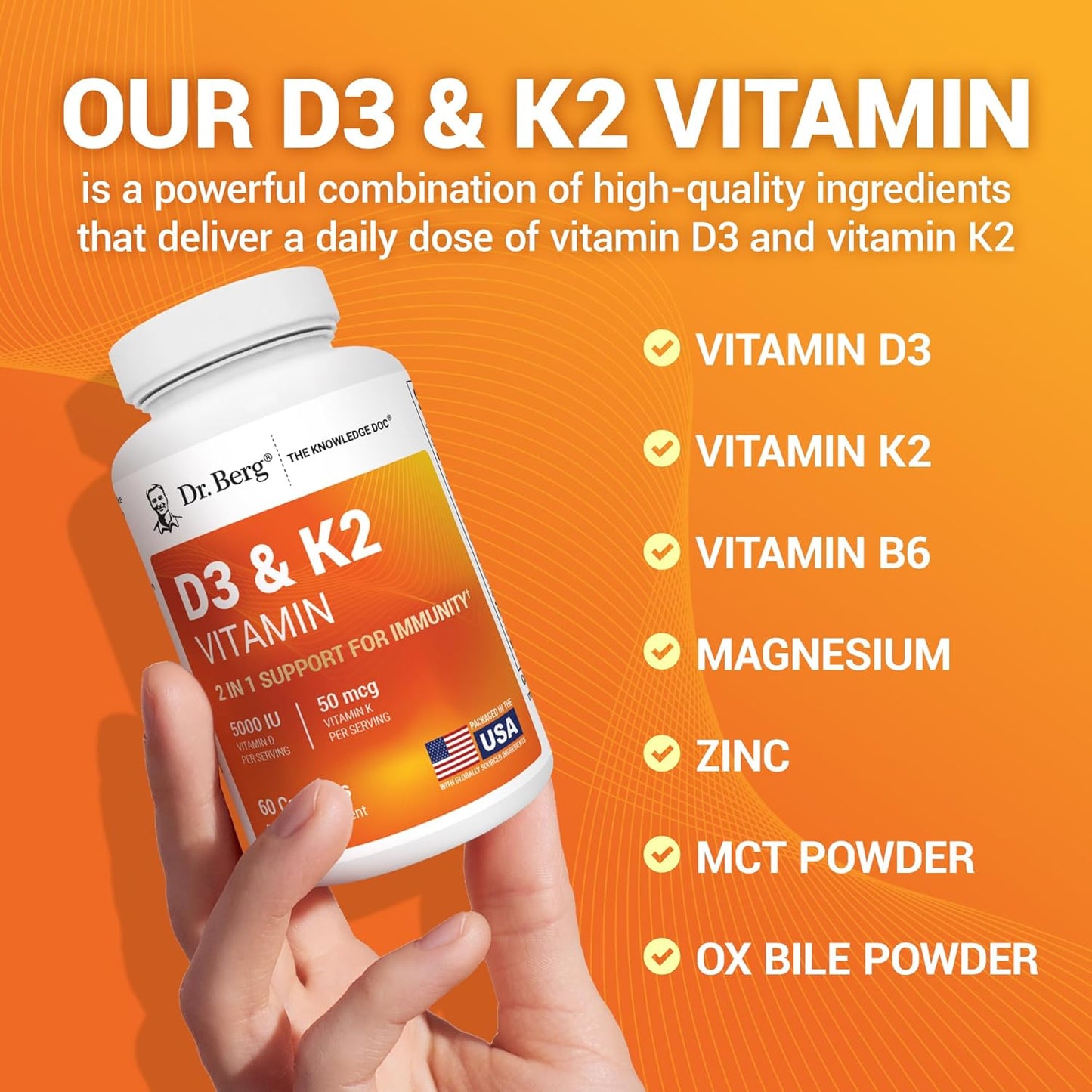 Dr. Berg's Vitamin D3 K2 w/MCT Oil - Includes 5,000 IU of Vitamin D3, 50 mcg MK7 Vitamin K2, Purified Bile Salts, Zinc & Magnesium for Ultimate Absorption - K2 D3 Vitamin Supplement - 60 Capsules