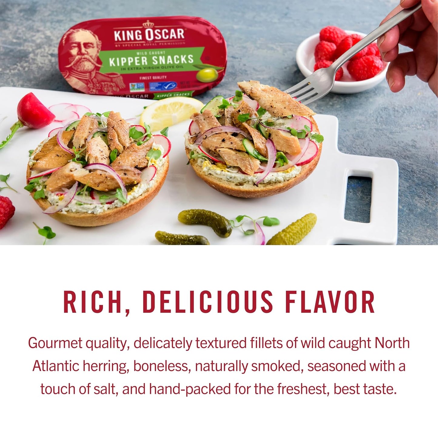 King Oscar Kipper Snacks, 3.54 Ounce Cans (Pack of 12), Lightly Smoked Herring Fillets, Wild Caught Canned Herring