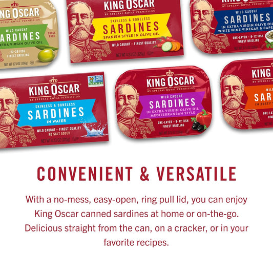 King Oscar Sardines in Water, 4.23 Ounce Cans (Pack of 1( Packaging May Vary), Skinless & Boneless, Wild Caught Canned Sardines, Low Sodium