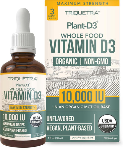 Organic Vitamin D3 10,000 IU - Plant D3, Vegan, Max Strength Sublingual Liquid D3 Drops - 200% Higher Absorption, 100% Plant-Based Cholecalciferol Form & Vegan D3, Adjustable Dosing (30 Servings)