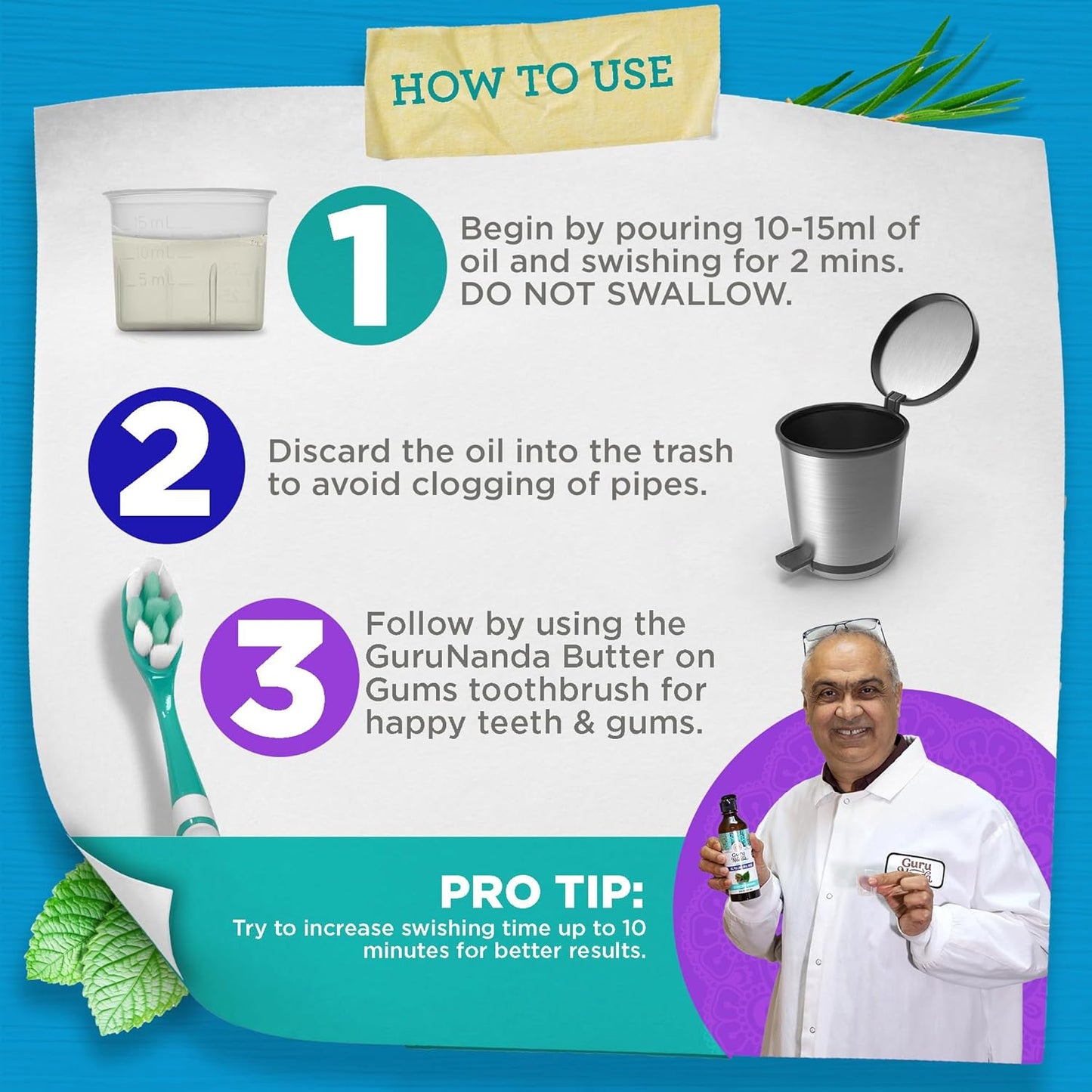 GuruNanda CocoMint Oil Pulling Mouthwash for Complete Oral Hygiene, 7 Essential Oils & Vitamins for Happy Teeth & Gums & Fresh Breath, Alcohol-Free, 16 oz