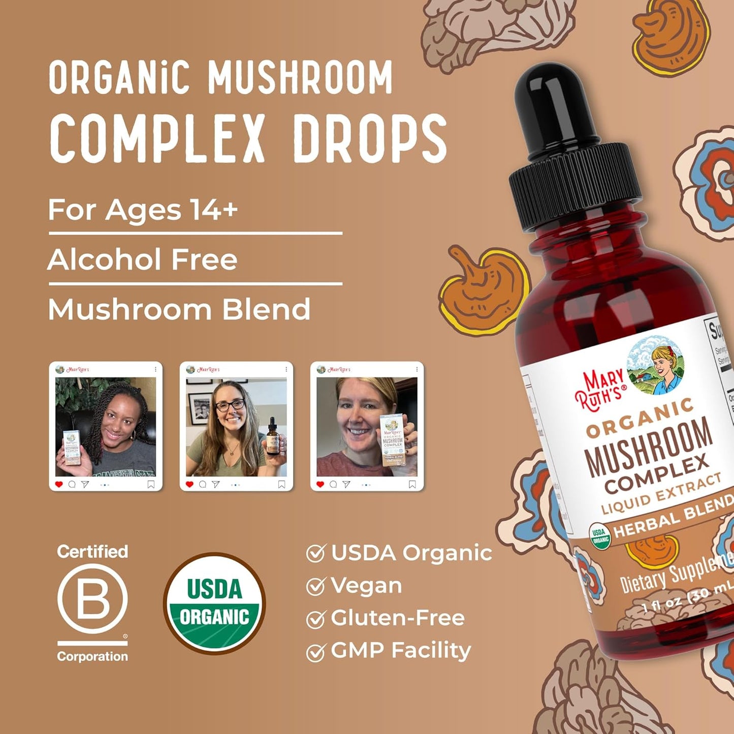MaryRuth Organics USDA Mushroom Complex | Herbal Liquid Drops | Supplement | Lion's Mane | Reishi Mushroom | Shiitake Mushrooms | Non-GMO | Vegan | Alcohol Free Tincture | 30 Servings