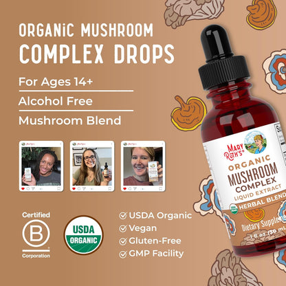 MaryRuth Organics USDA Mushroom Complex | Herbal Liquid Drops | Supplement | Lion's Mane | Reishi Mushroom | Shiitake Mushrooms | Non-GMO | Vegan | Alcohol Free Tincture | 30 Servings