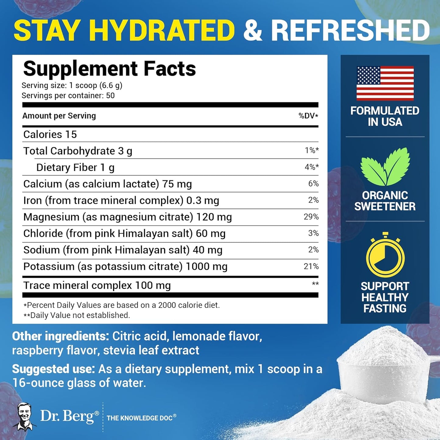 Dr. Berg Zero Sugar Hydration Keto Electrolyte Powder - Enhanced w/ 1000 mg of Potassium & Real Pink Himalayan Salt (NOT Table Salt) - Lemonade Flavor Hydration Drink Mix Supplement - 100 Servings