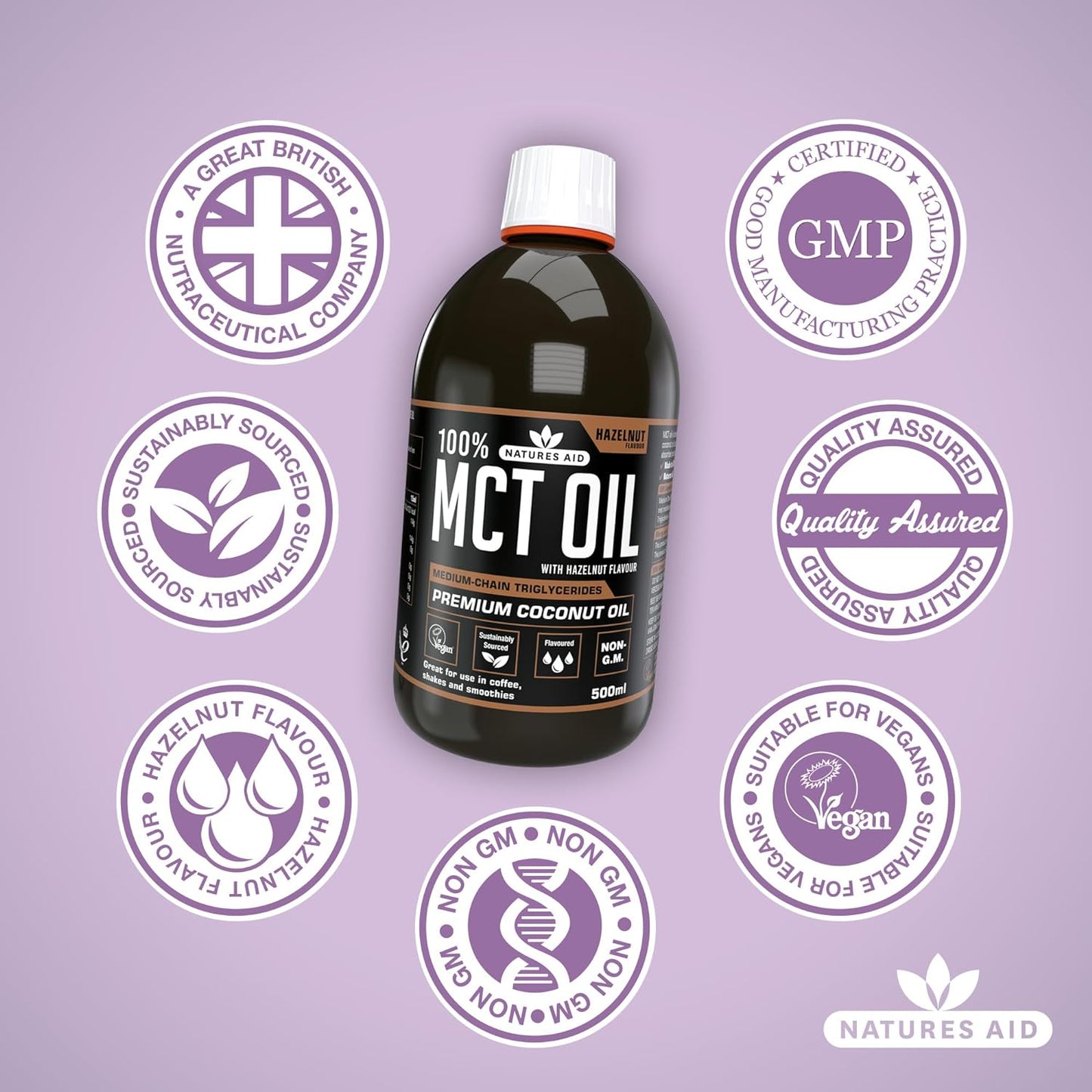 Natures Aid 100 Percent MCT Oil, Premium Coconut Oil, Sustainably Sourced, Add to Coffees or Shakes, Vegan, 500 ml