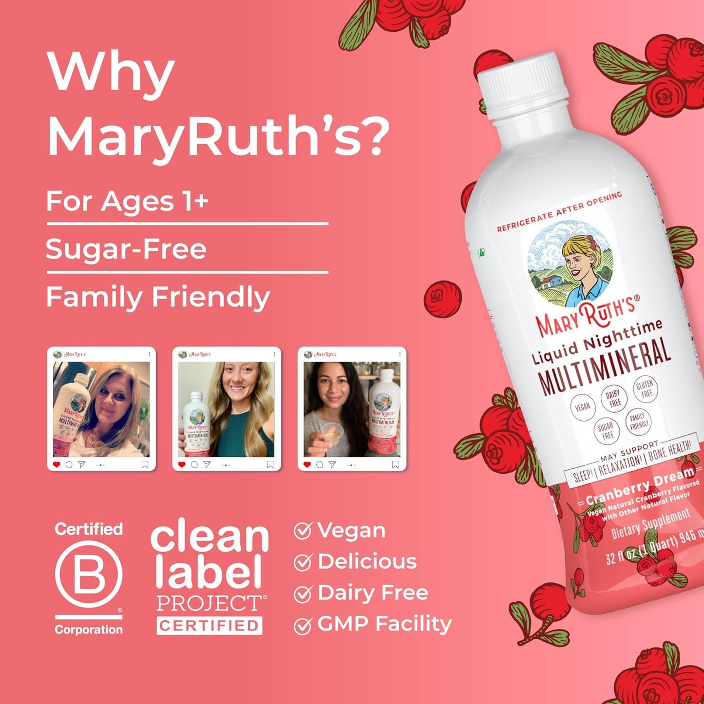 MaryRuth Organics Liquid Nighttime Multimineral | No Melatonin | Bedtime Routine | Magnesium Citrate | Calcium | Zinc | Vitamin D3| Available in 4 Flavors - Vegan | Sugar Free | Gluten Free | 32 Oz
