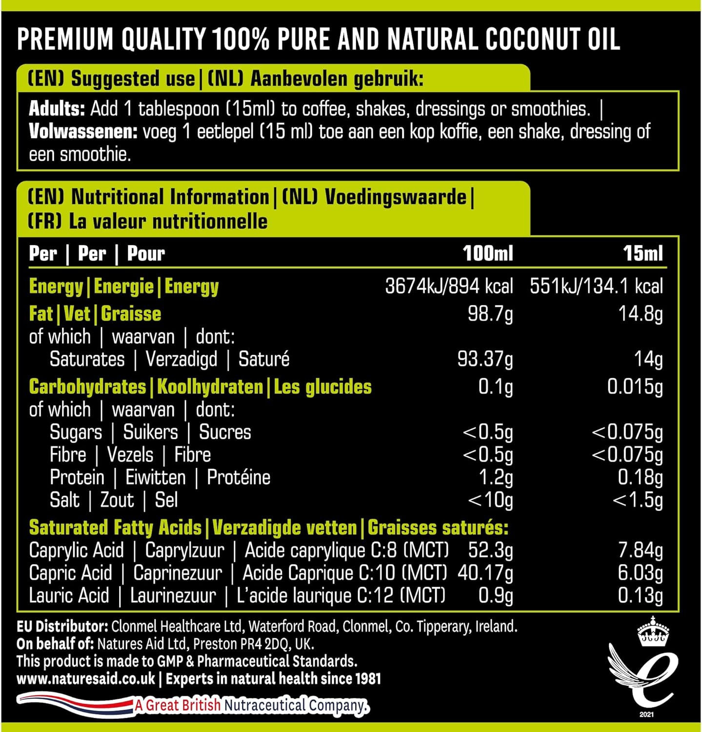 Natures Aid 100 Percent MCT Oil, Premium Coconut Oil, Sustainably Sourced, Add to Coffees or Shakes, Vegan, 500 ml